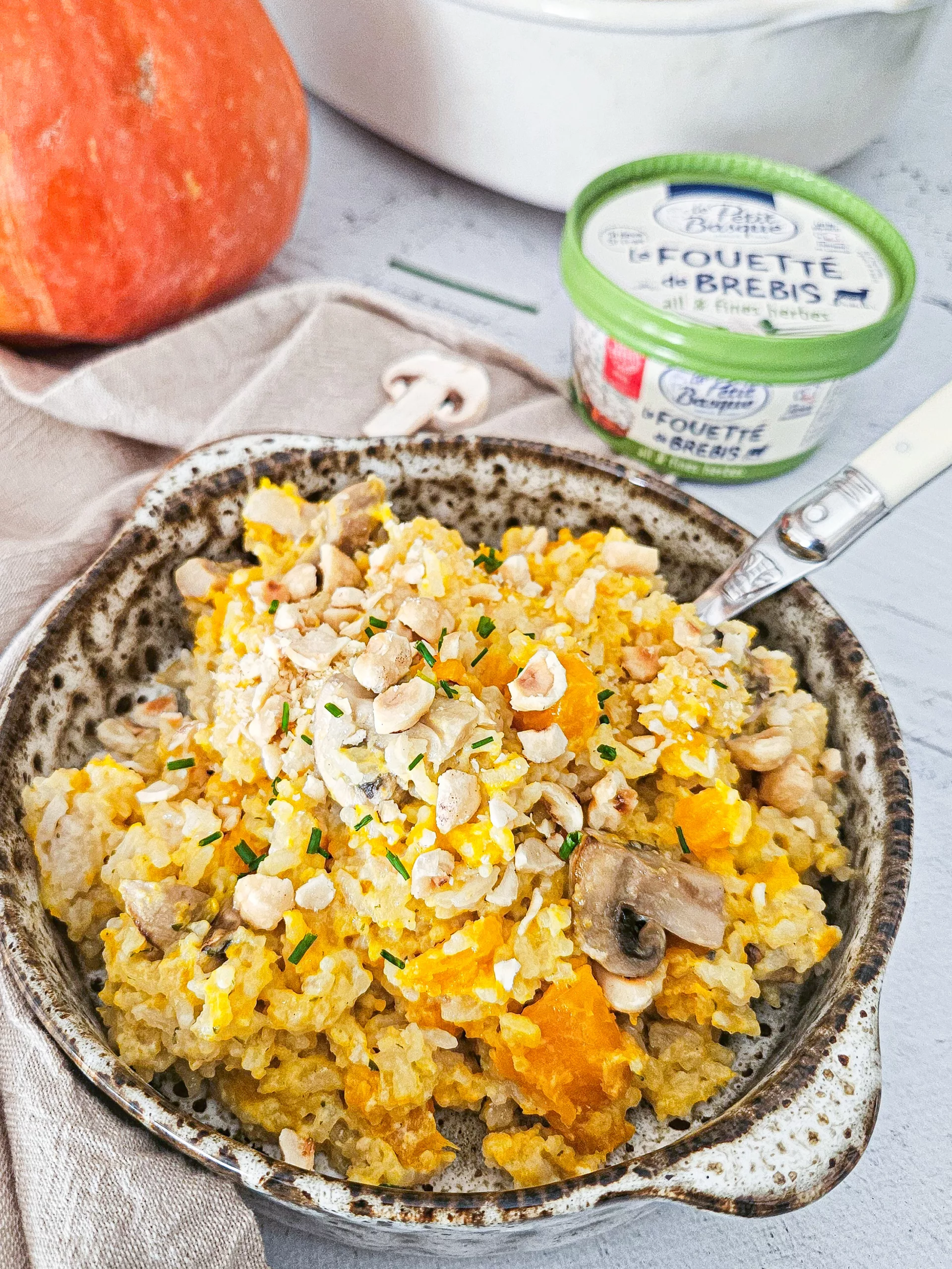 riz crémeux fouetté de brebis potimarron et champignons