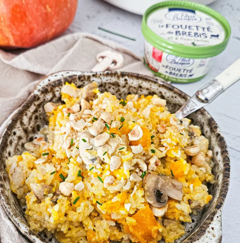 riz crémeux fouetté de brebis potimarron et champignons